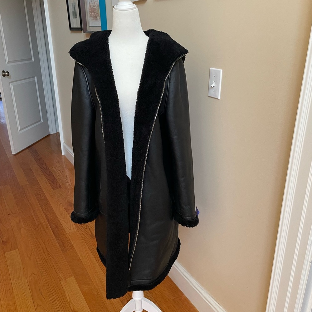 Black Reversible Hooded Leather/Shearling Coat from Maje - Picture 1 of 13